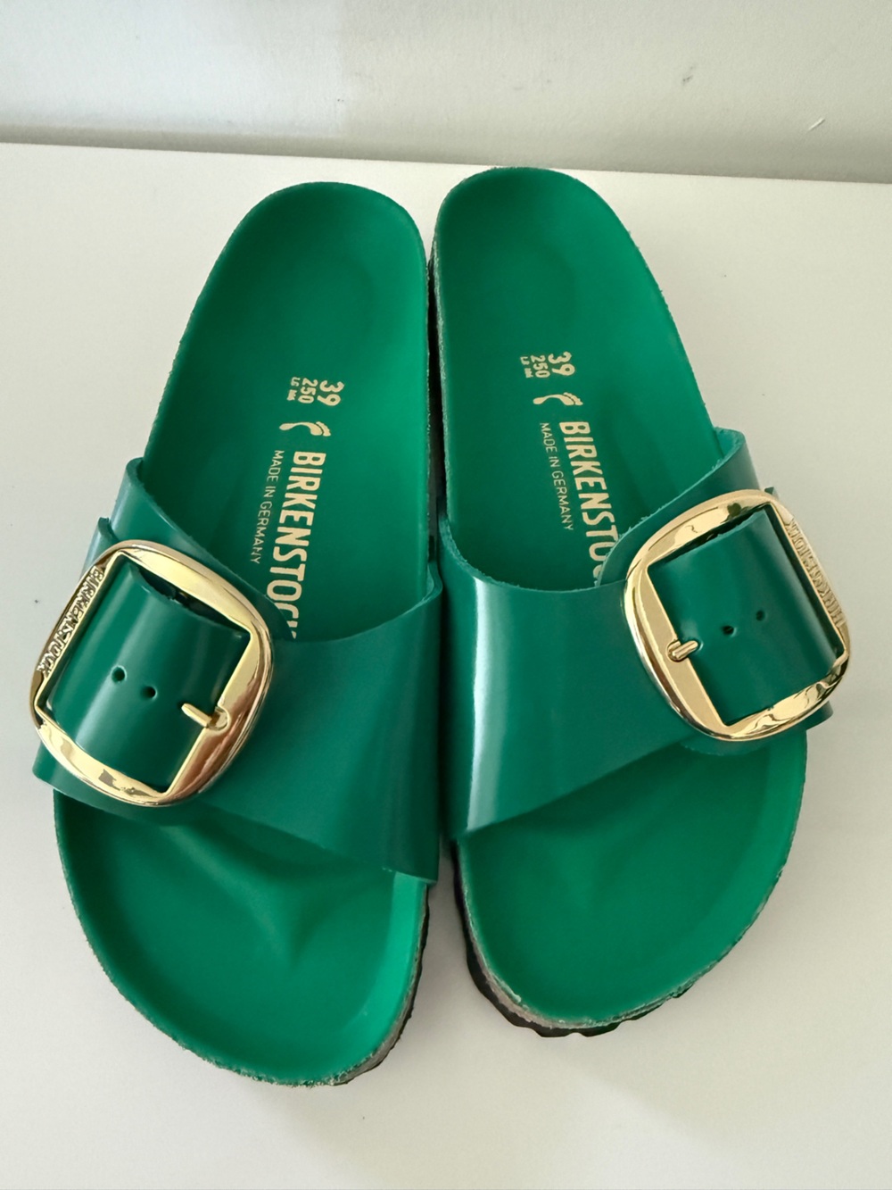 NWOB BIRKENSTOCK Big Buckle Madrid Slides Sandals High Shine Digital Green 39